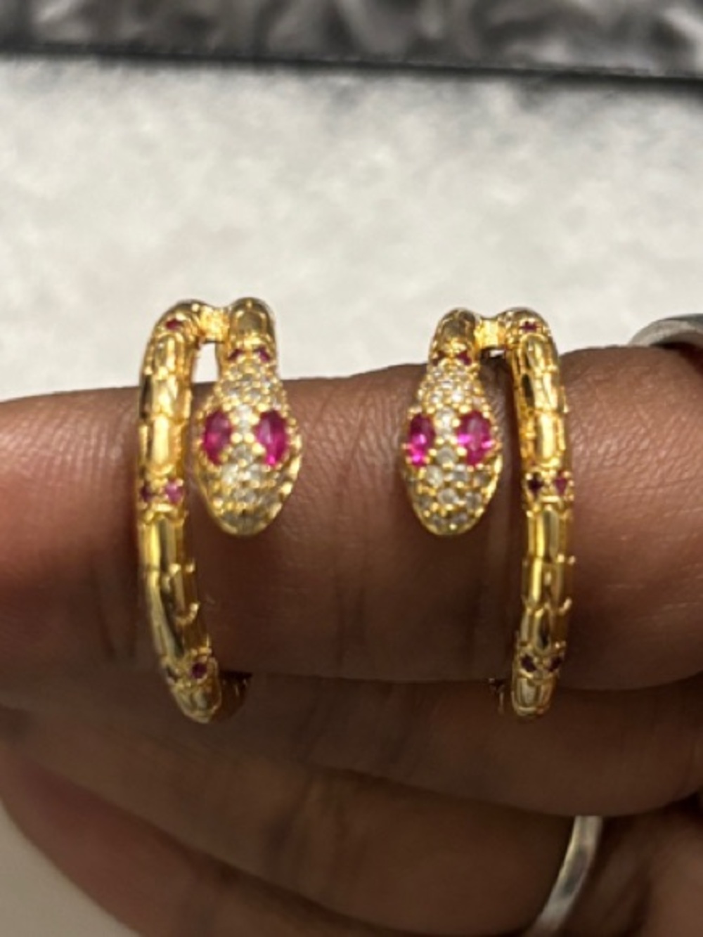 Designer Inspired Gold Snake Hoop Earrings with Pink Stone Eyes
